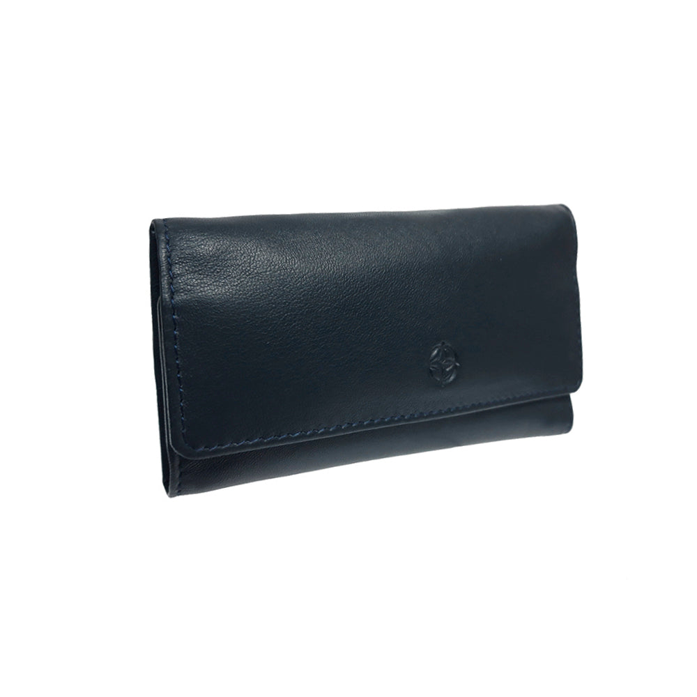 Tony Perotti Cortina 5022 navy — three-quarter view of the closed case with contrast navy stitching along the flap