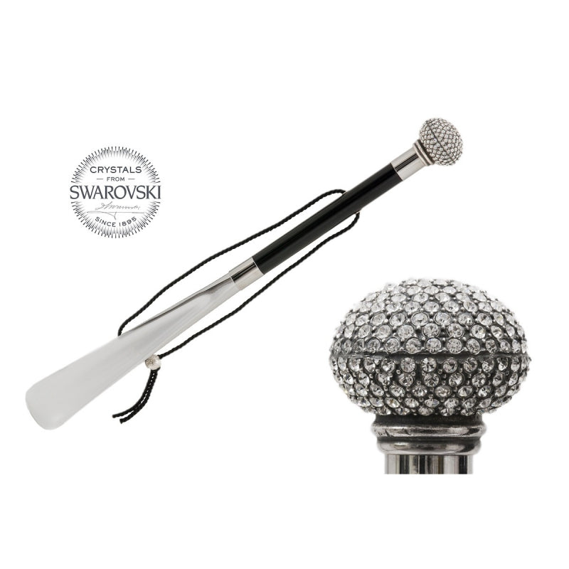 Pasotti Swarovski crystal knob shoehorn, full view with a close-up of the round crystal handle — CS W52
