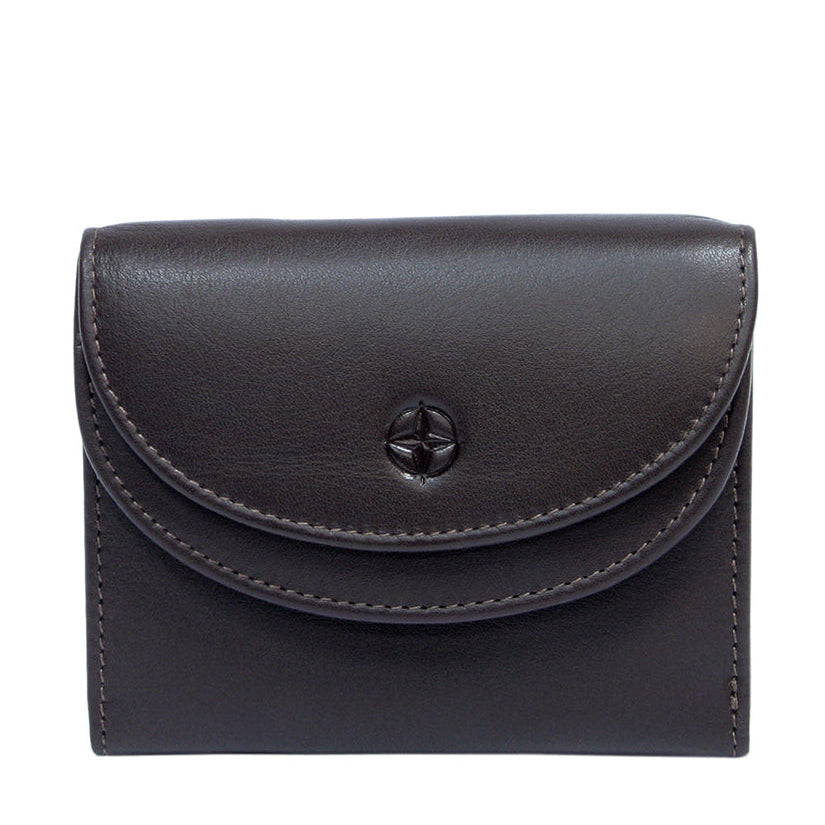 Dark brown Tony Perotti Cortina 5055 small flap wallet seen straight on, closed — the rounded flap with the metal compass-rose stud