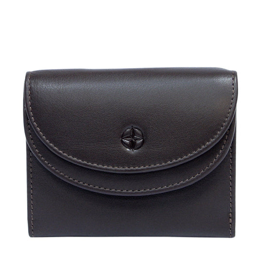 Dark brown Tony Perotti Cortina 5055 small flap wallet seen straight on, closed — the rounded flap with the metal compass-rose stud