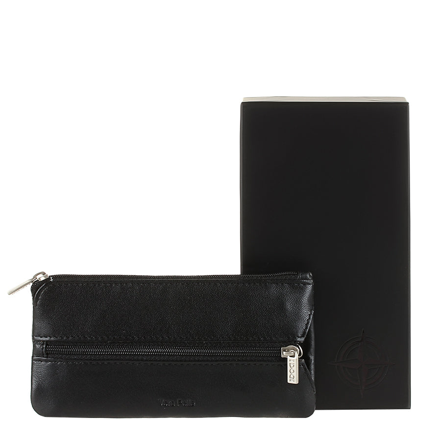 Tony Perotti Cortina 5021 nero — key case beside the black Cortina gift box embossed with the compass emblem