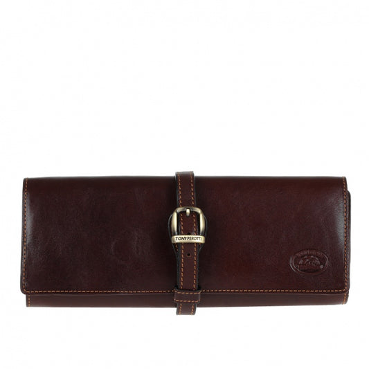 Dark Brown leather travel jewelry case Tony Perotti Italico 1286 moro — front with the wrap strap, pin buckle and embossed turtle emblem
