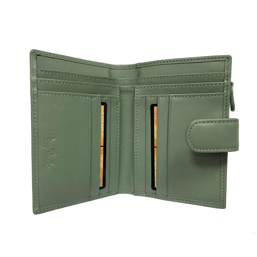 Sage green New Rainbow 1654 wallet open showing the 6 card slots layout
