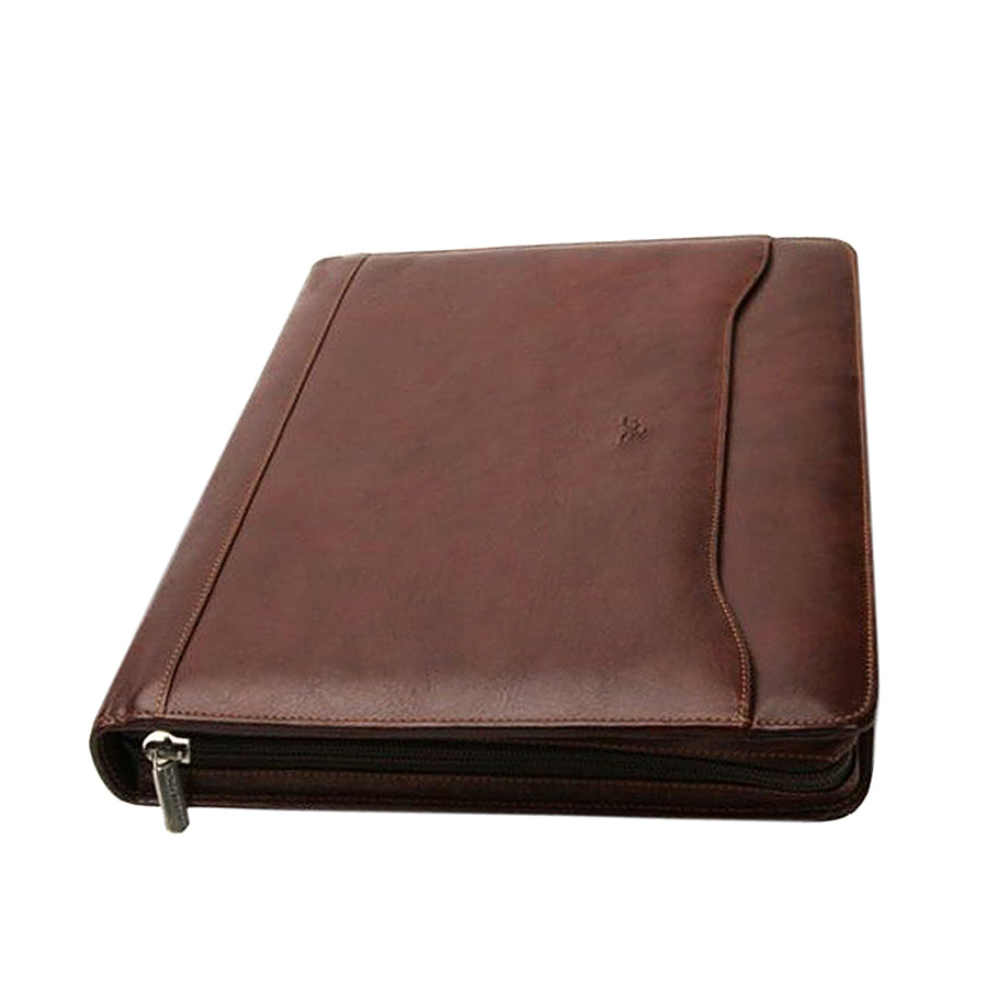 Closed dark brown Italico 1278L padfolio at an angle — the curved seam of the front pocket and the zip running around the edge