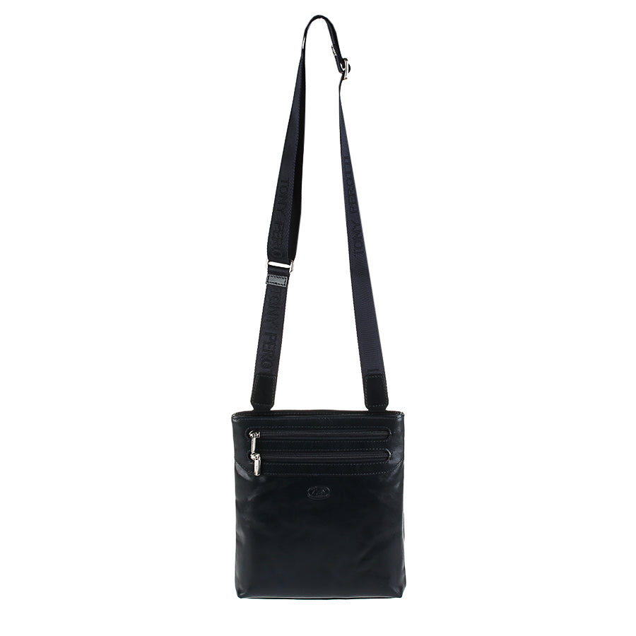 Tony Perotti Italico 6048 navy crossbody bag on an adjustable navy jacquard strap with woven Tony Perotti lettering