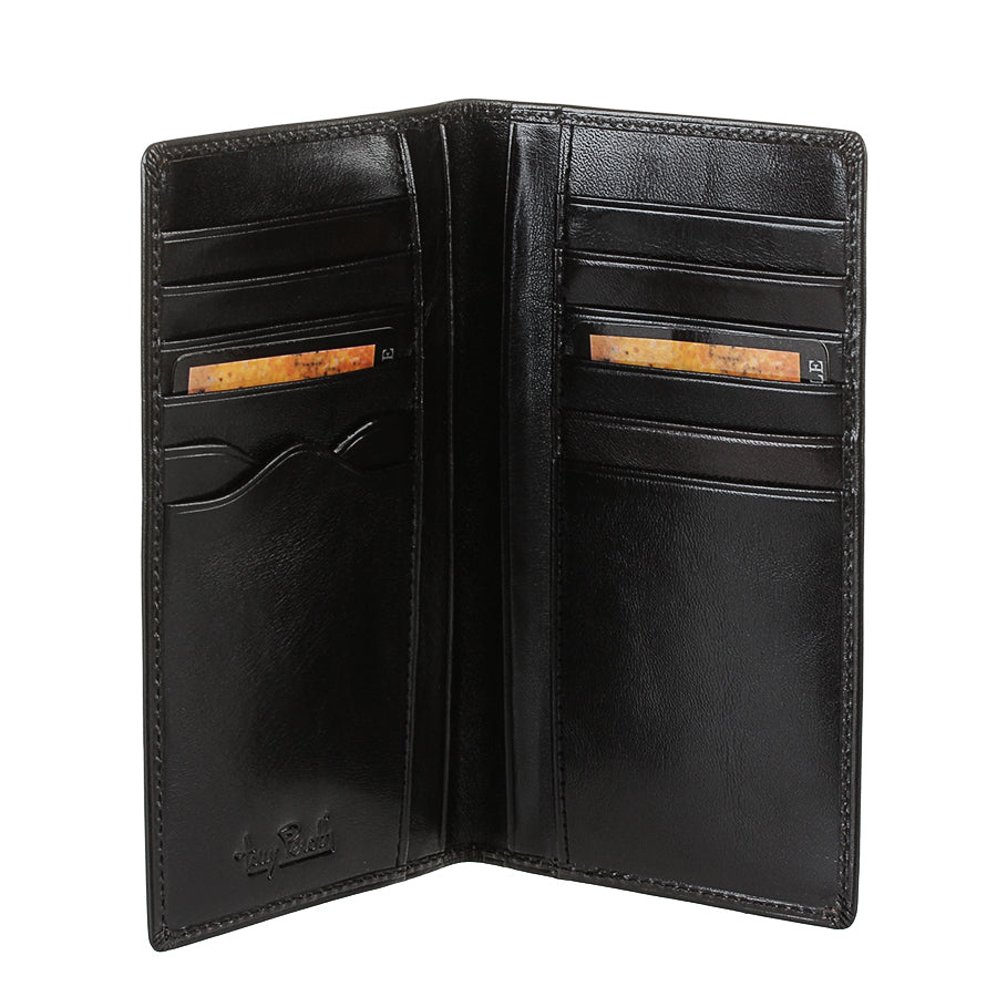 Tony Perotti Italico 1438 nero black leather coat wallet open — two columns of card slots with branded insert cards and the embossed Tony Perotti signature