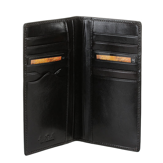 Tony Perotti Italico 1438 nero black leather coat wallet open — two columns of card slots with branded insert cards and the embossed Tony Perotti signature