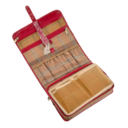 Red leather toiletry bag open showing tartan lining and pockets — Tony Perotti Italico 8707