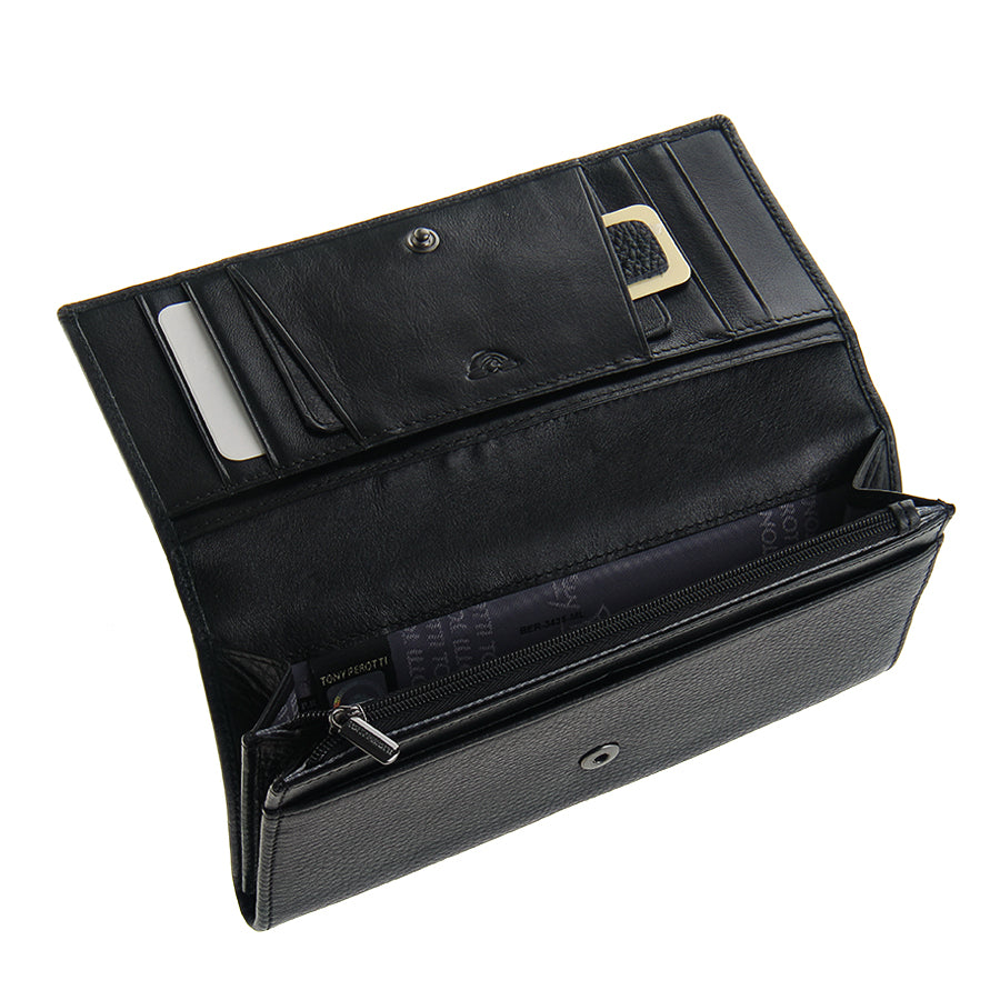 Tony Perotti New Contatto 3435 nero black leather flap wallet open — card slots with a branded insert card, the snap-flap panel with the embossed Tony Perotti logo and the zip coin pocket