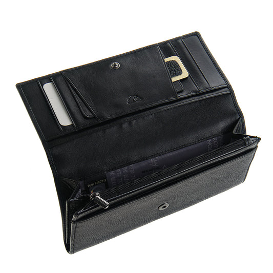 Tony Perotti New Contatto 3435 nero black leather flap wallet open — card slots with a branded insert card, the snap-flap panel with the embossed Tony Perotti logo and the zip coin pocket