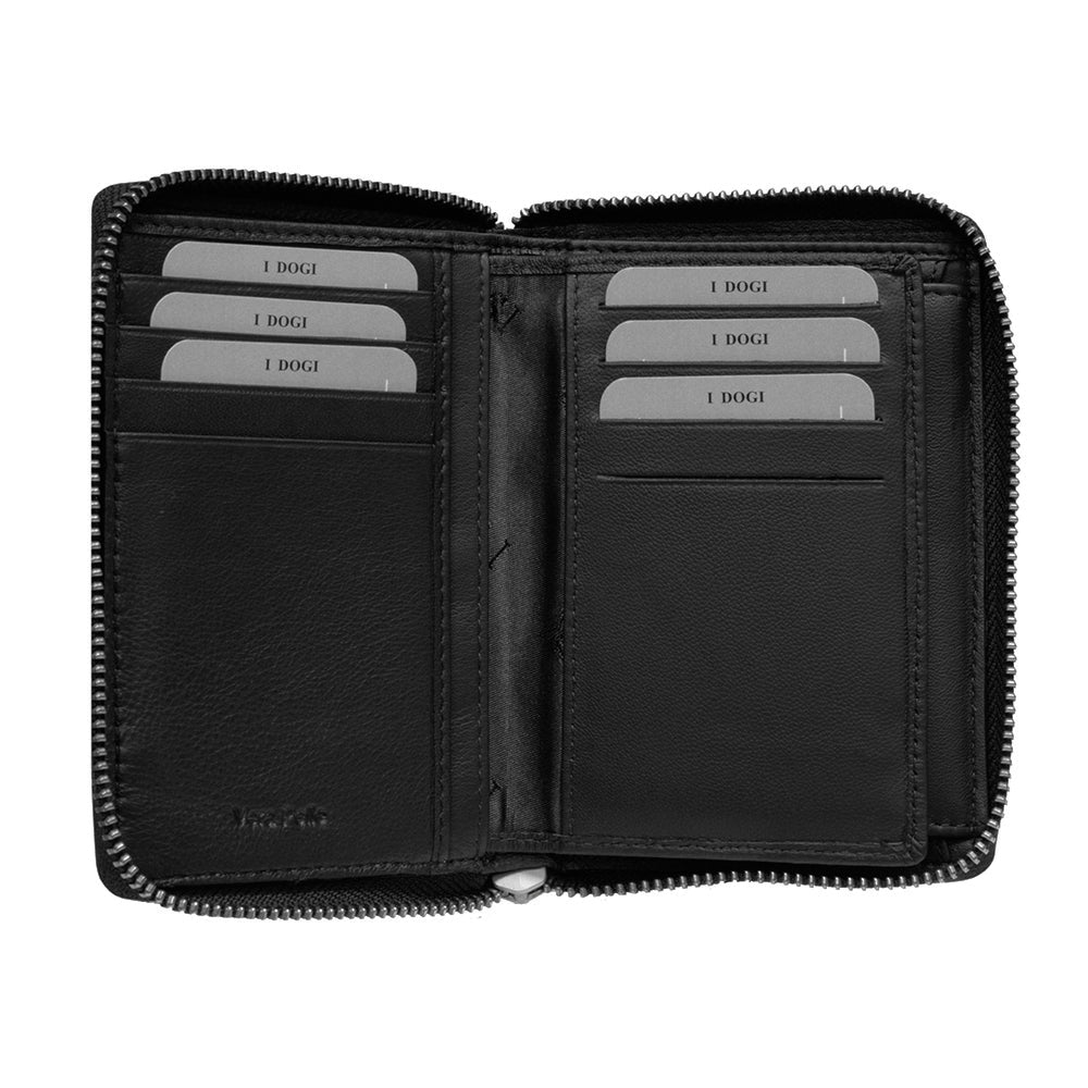 Tony Perotti Cortina 5086 nero unzipped and opened flat — card slots and slip pockets on both inner panels