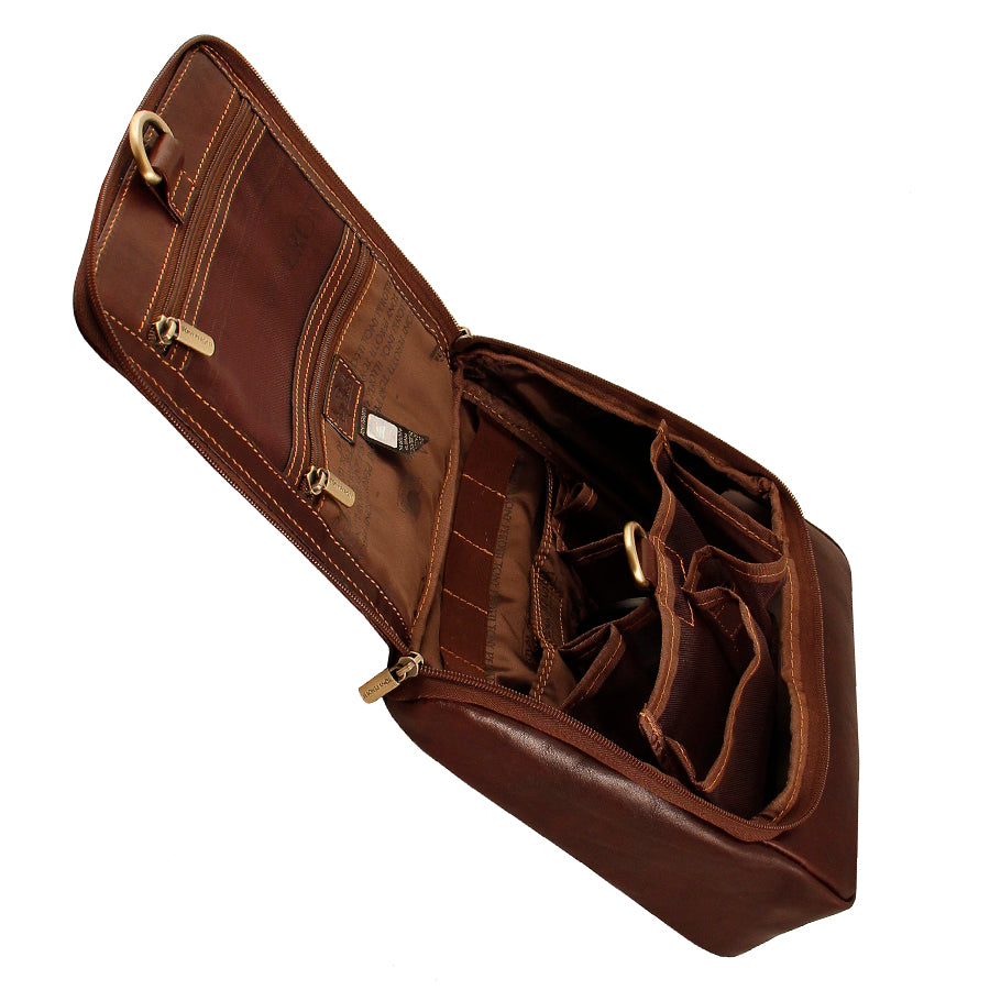 Open Tony Perotti Italico 8220 moro toiletry bag showing zip pockets, mesh pocket and elastic holders