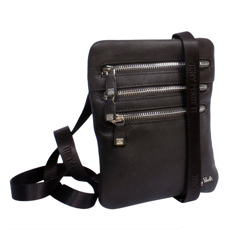Tony Perotti Contatto 9019 leather crossbody bag seen straight on — three zips running one under the other across the front and the metal Tony Perotti signature