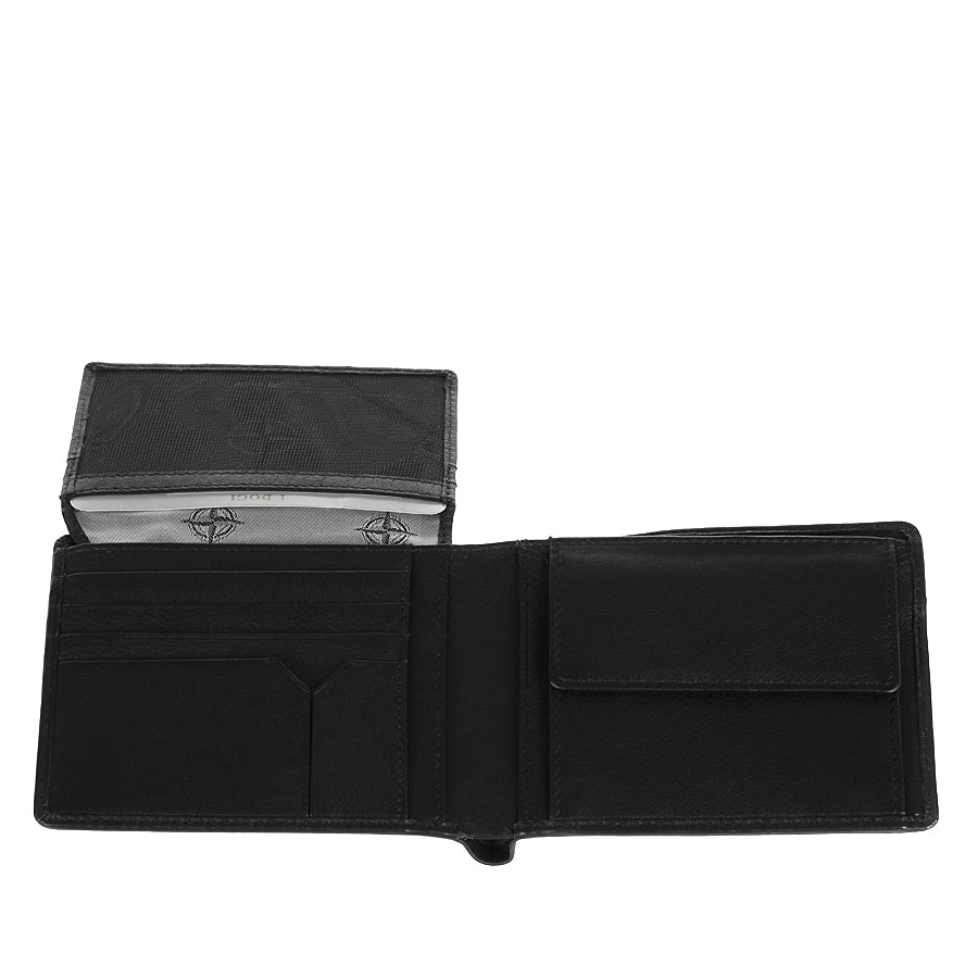 Tony Perotti Cortina 5057 nero with the flip-out ID flap raised, showing the document window behind it