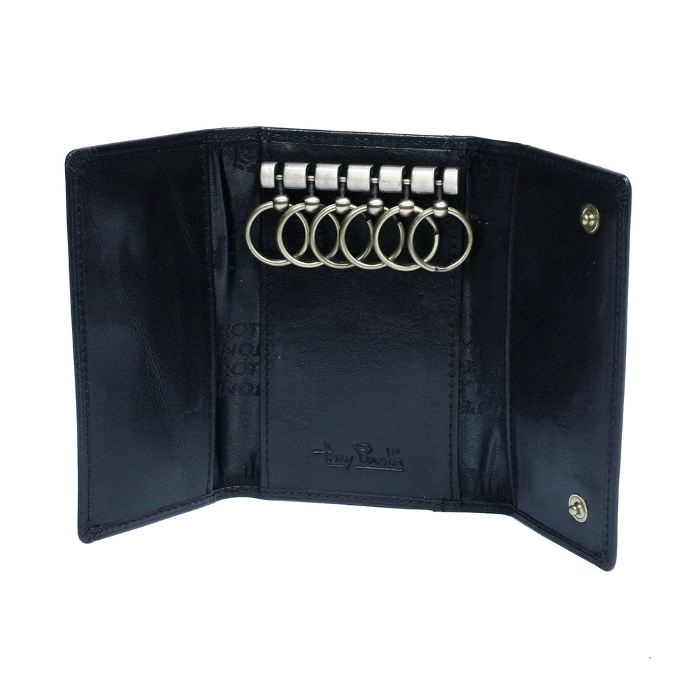 Black leather key case open with row of key rings and two snap studs — Tony Perotti Italico 2533 nero