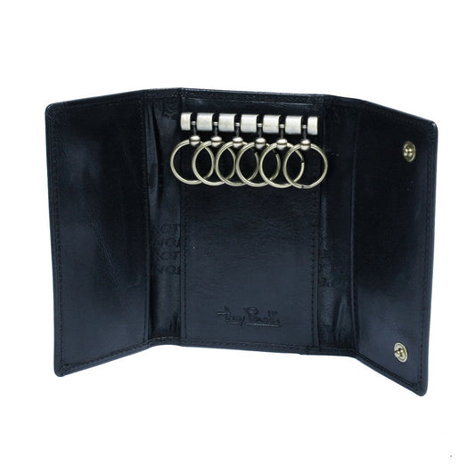 Black leather key case open with row of key rings and two snap studs — Tony Perotti Italico 2533 nero