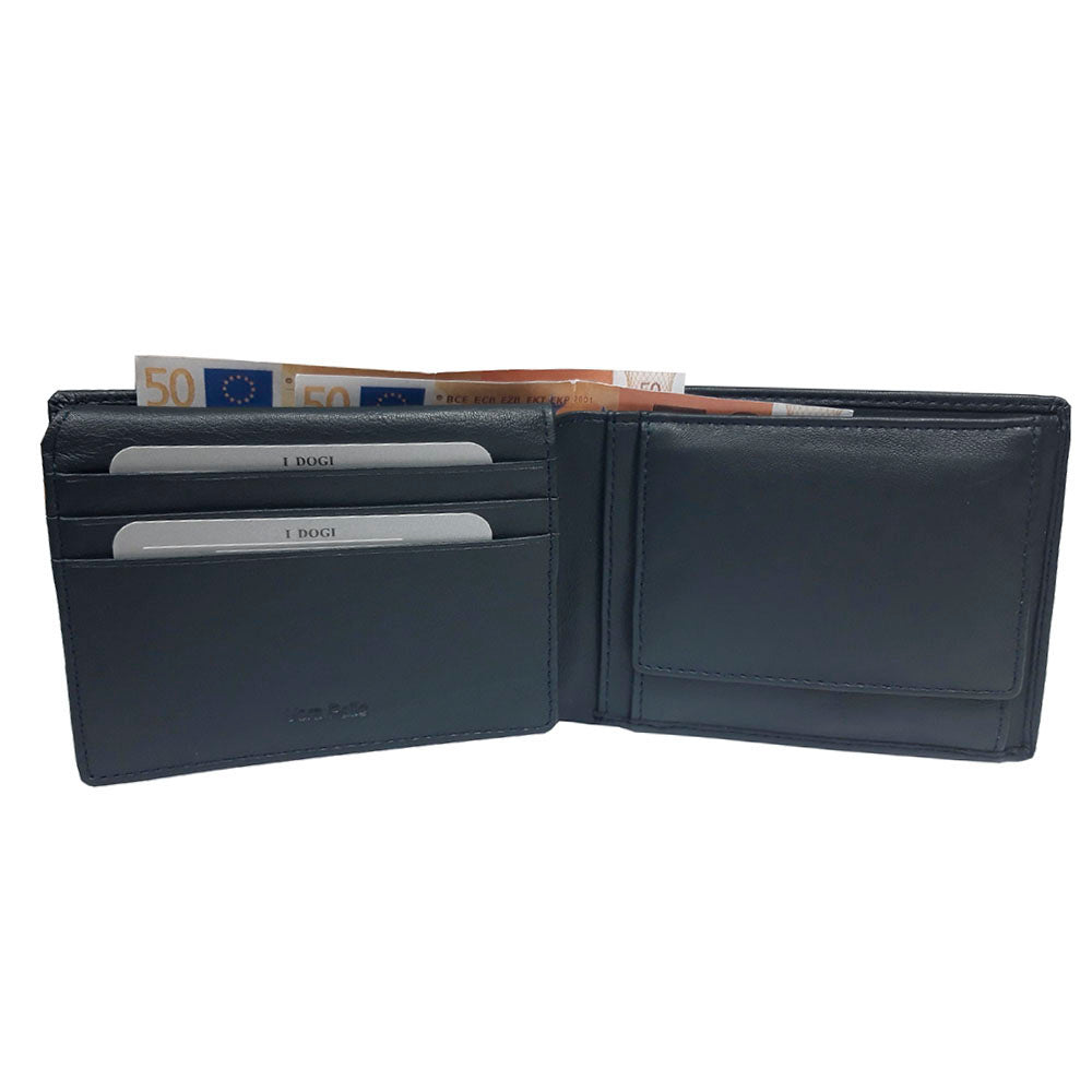 Tony Perotti Cortina 5052 navy opened — card slots and a slip pocket on the left, the snap coin pocket on the right and banknotes in the compartment behind