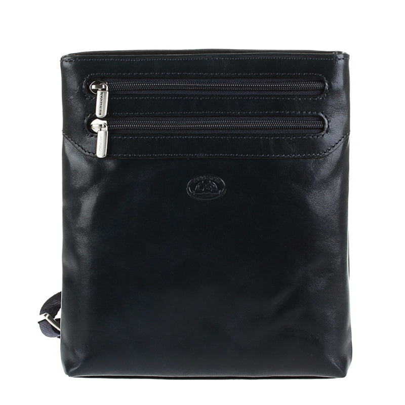 Tony Perotti Italico 6048 men's navy leather crossbody bag — front view with two zip pockets and embossed turtle emblem
