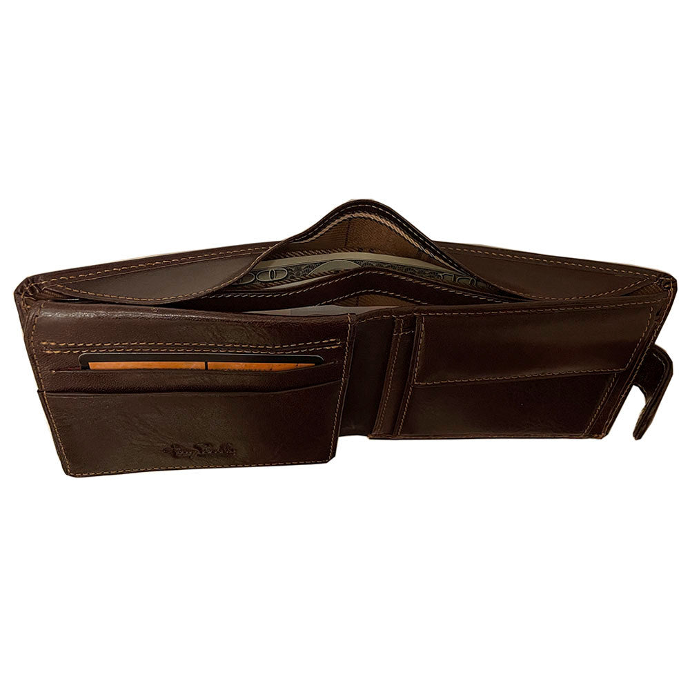 Dark brown leather bifold wallet tartan lining and hologram tag — Tony Perotti Italico 396A-Q
