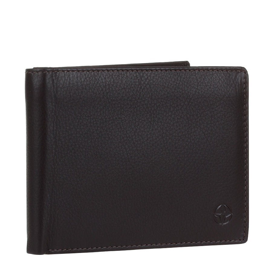 Tony Perotti Cortina 5036 bifold wallet standing at a three-quarter angle, closed — grained calf leather (dark brown colourway shown)