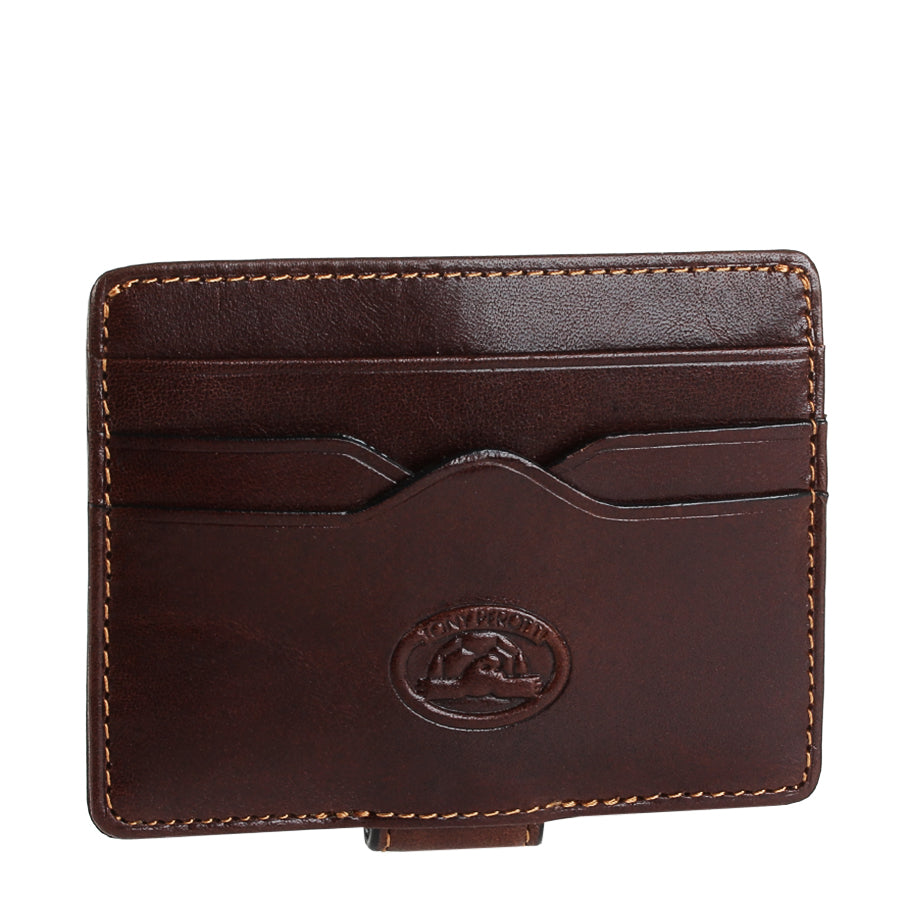 Dark brown leather card holder angled front view with card slots — Tony Perotti Italico 2553 moro