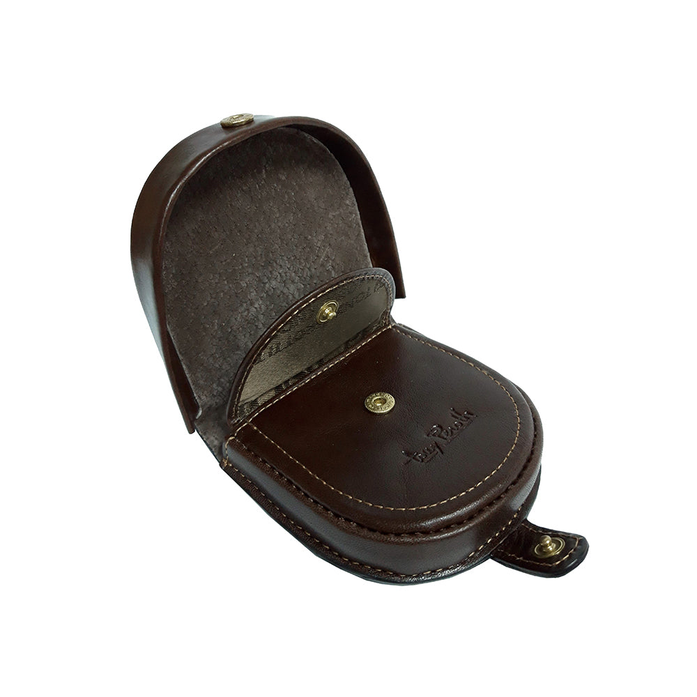 Dark brown leather coin pouch open showing suede-lined interior and snap coin tray, handcrafted in Italy — Tony Perotti Italico 1196 moro