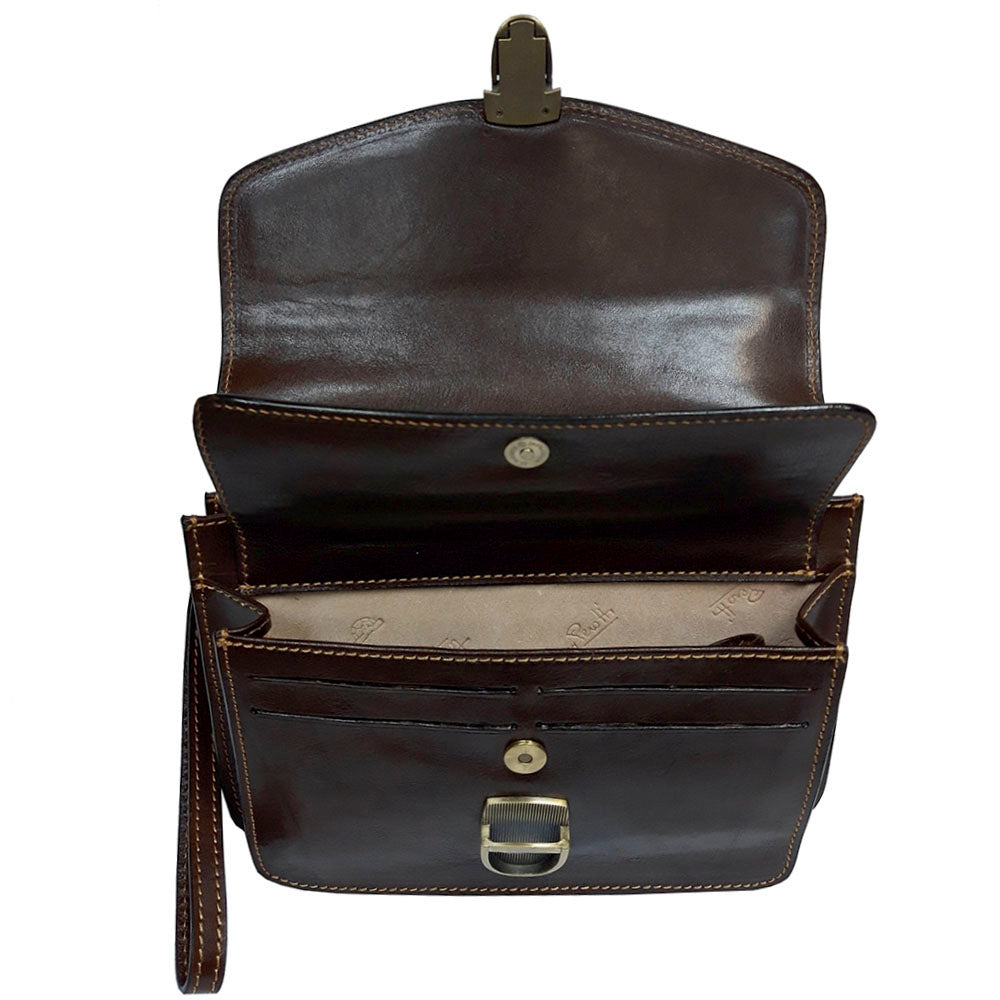 Inside the Italico 8264 — the snap panel with four card slots against the branded lining printed with the Tony Perotti name