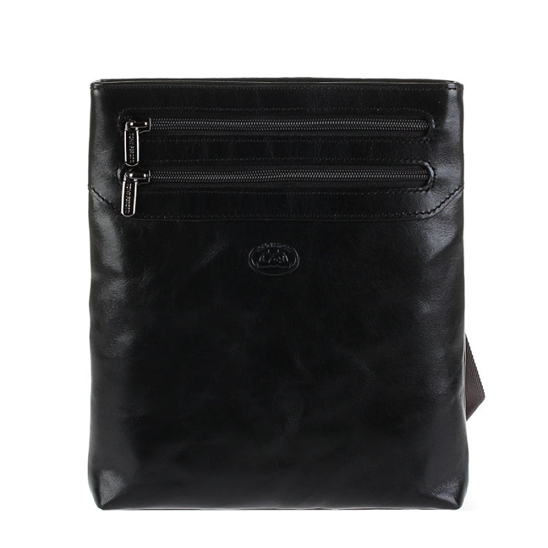 Tony Perotti Italico 6048 men's black leather crossbody bag — front view with two zip pockets and embossed turtle emblem