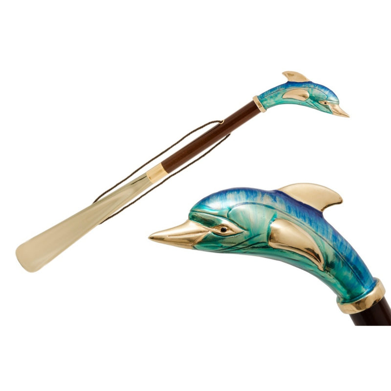 Pasotti dolphin shoehorn, full view with a close-up of the dolphin handle — CS K74