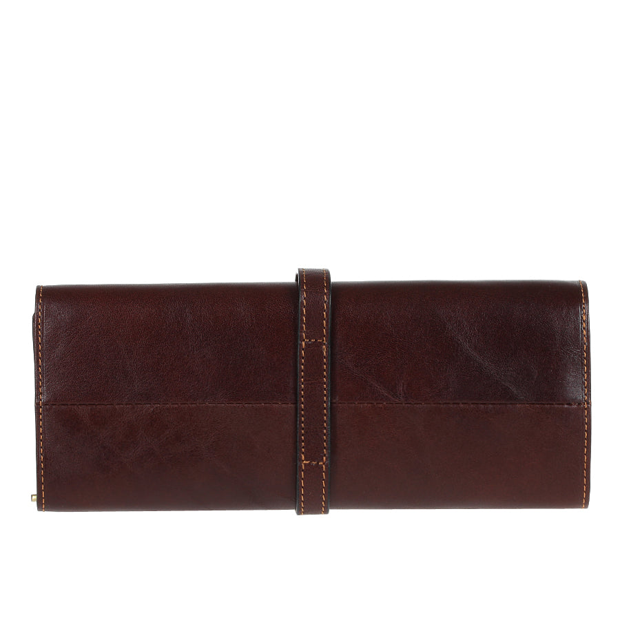 Back of the dark brown Tony Perotti Italico 1286 moro jewelry case with the stitched-on wrap strap