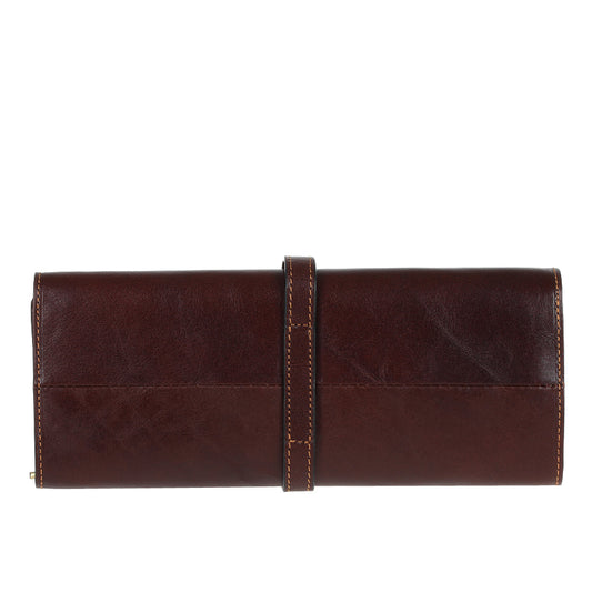Back of the dark brown Tony Perotti Italico 1286 moro jewelry case with the stitched-on wrap strap