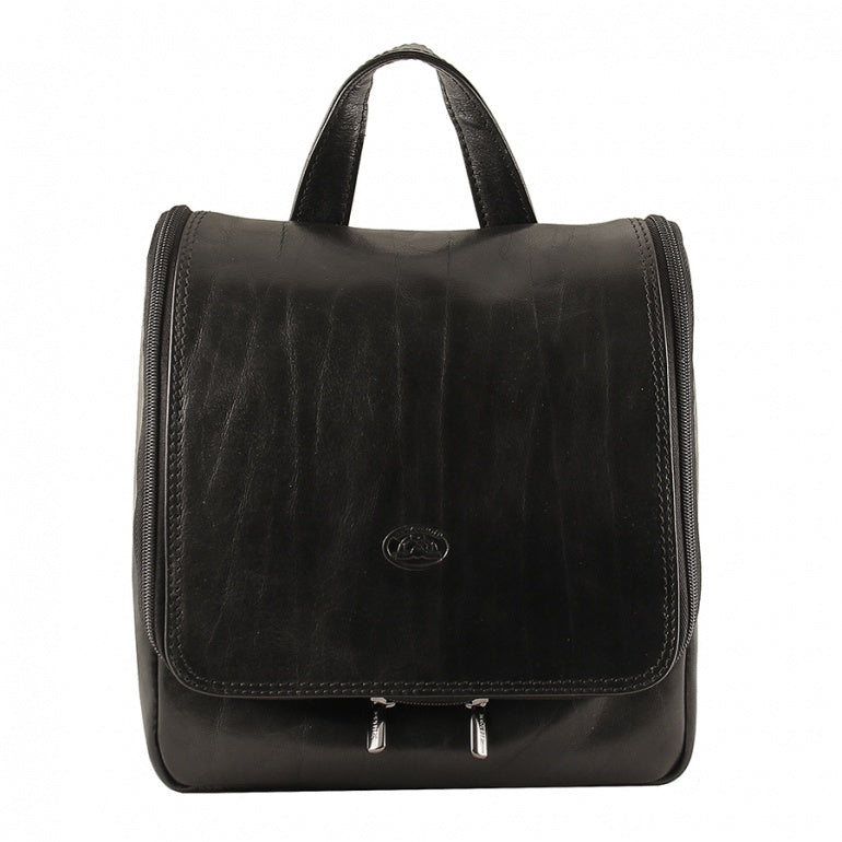 Tony Perotti Italico 8220 nero black leather toiletry bag — front view with embossed turtle emblem and carry handle