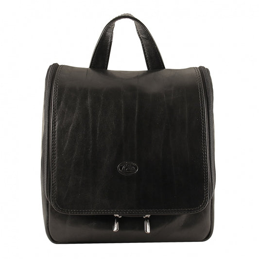 Tony Perotti Italico 8220 nero black leather toiletry bag — front view with embossed turtle emblem and carry handle
