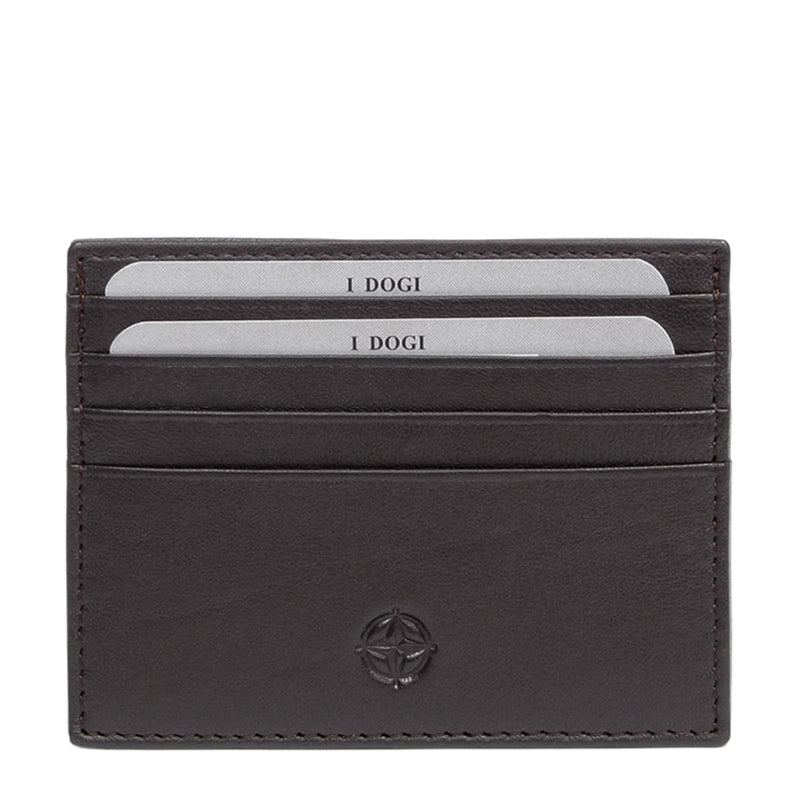 Tony Perotti Cortina 5043 moro — front face of the dark brown leather card holder with cards in the slots and the embossed compass rose