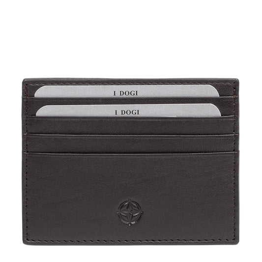 Tony Perotti Cortina 5043 moro — front face of the dark brown leather card holder with cards in the slots and the embossed compass rose