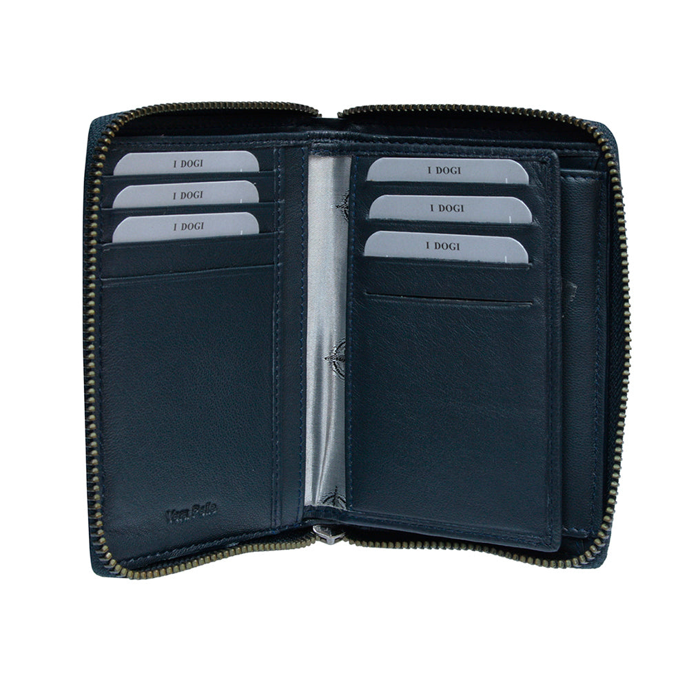 Tony Perotti Cortina 5086 navy unzipped and opened flat — card slots and slip pockets on both inner panels