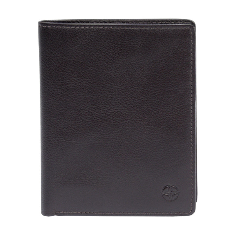 Dark brown Tony Perotti Cortina 5050 vertical bifold wallet seen straight on, closed, with the embossed compass rose in the lower corner
