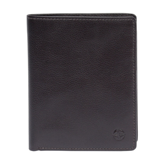 Dark brown Tony Perotti Cortina 5050 vertical bifold wallet seen straight on, closed, with the embossed compass rose in the lower corner