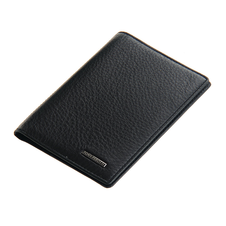 Angled view of the closed black Tony Perotti New Contatto 3550 nero passport cover showing the logo plate