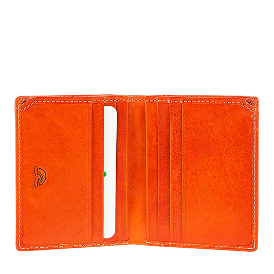 Tony Perotti Topkapi 1034 Mandarino — opened out: a slip pocket with the embossed Topkapi mark on one half, a stack of card slots on the other