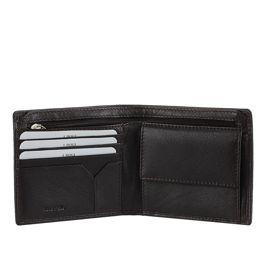 Dark brown Cortina 5047 wallet open showing card slots, zip pocket and the snap coin pocket