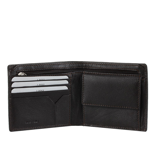 Tony Perotti Cortina 5047 moro opened — card slots and a slip pocket on the left, a zipped pocket above and the snap coin pocket on the right