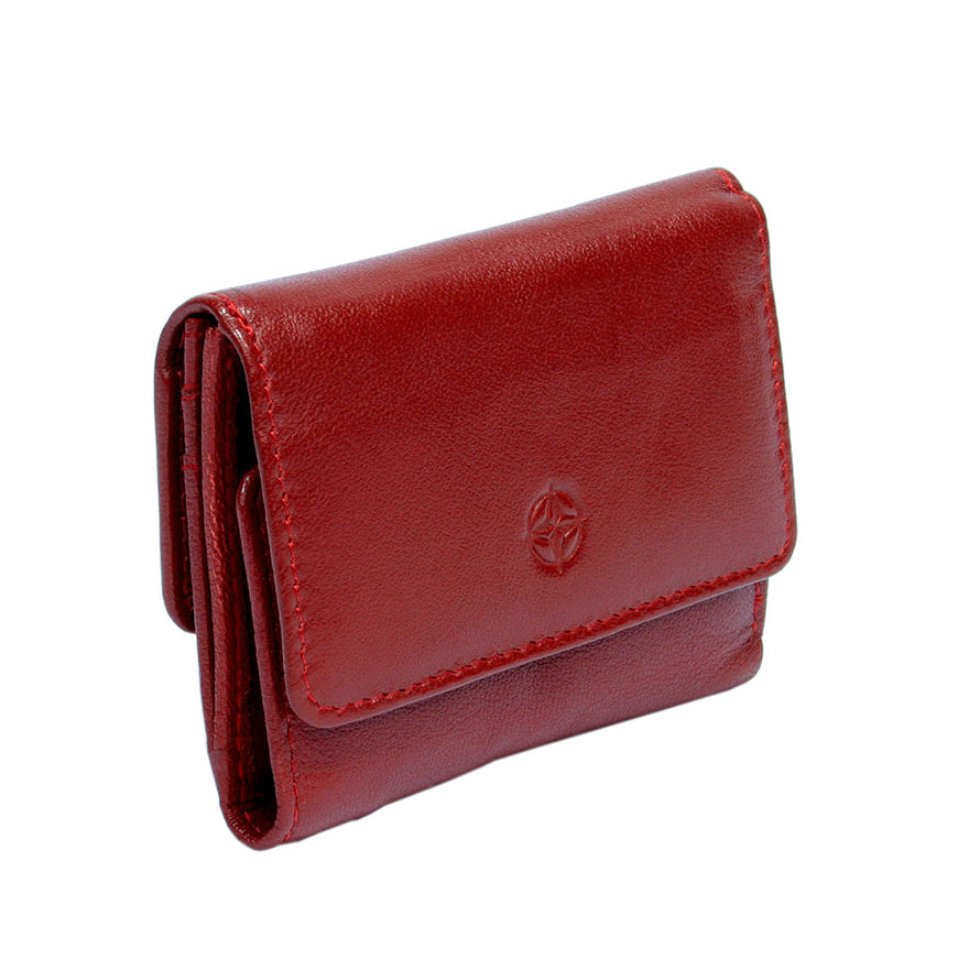Red Tony Perotti Cortina 5056 trifold wallet standing at a three-quarter angle, flap closed