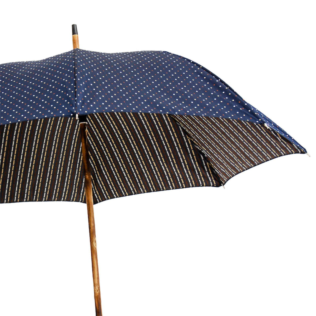 Open umbrella from below showing the navy fine-dot top and the striped underside