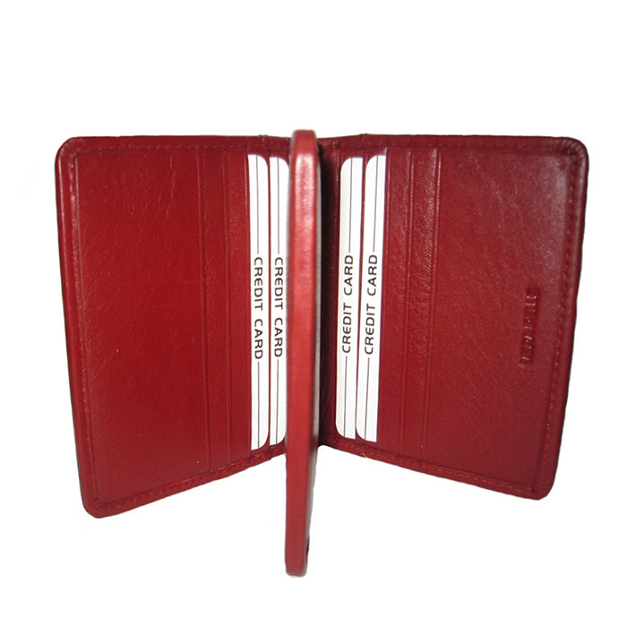 Tony Perotti Cortina 5023 rosso — opened flat: the hinged inner leaf standing between the covers with cards in the slots on every face