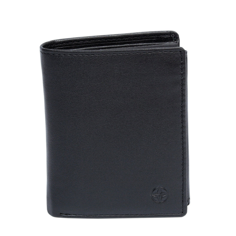 Black Tony Perotti Cortina 5054 vertical bifold wallet seen straight on, closed, with the embossed compass rose in the lower corner