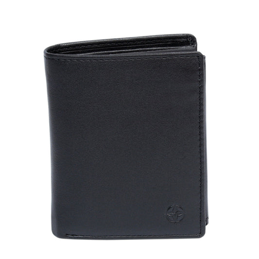 Black Tony Perotti Cortina 5054 vertical bifold wallet seen straight on, closed, with the embossed compass rose in the lower corner