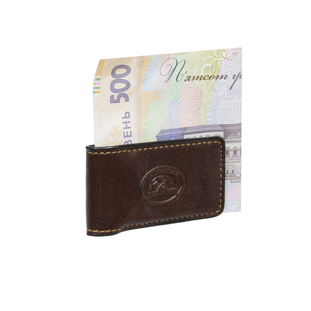 Dark brown leather magnetic money clip holding banknotes — Tony Perotti Italico 1201