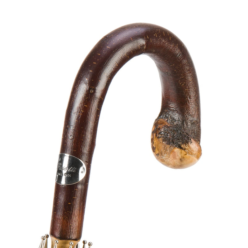 Chestnut crook handle with natural knot end and silver-tone Pasotti plaque, close-up, handcrafted in Italy
