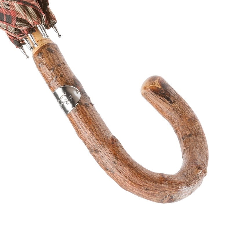 Knotted ash crook handle with knob end and silver-tone Pasotti plaque, handcrafted in Italy